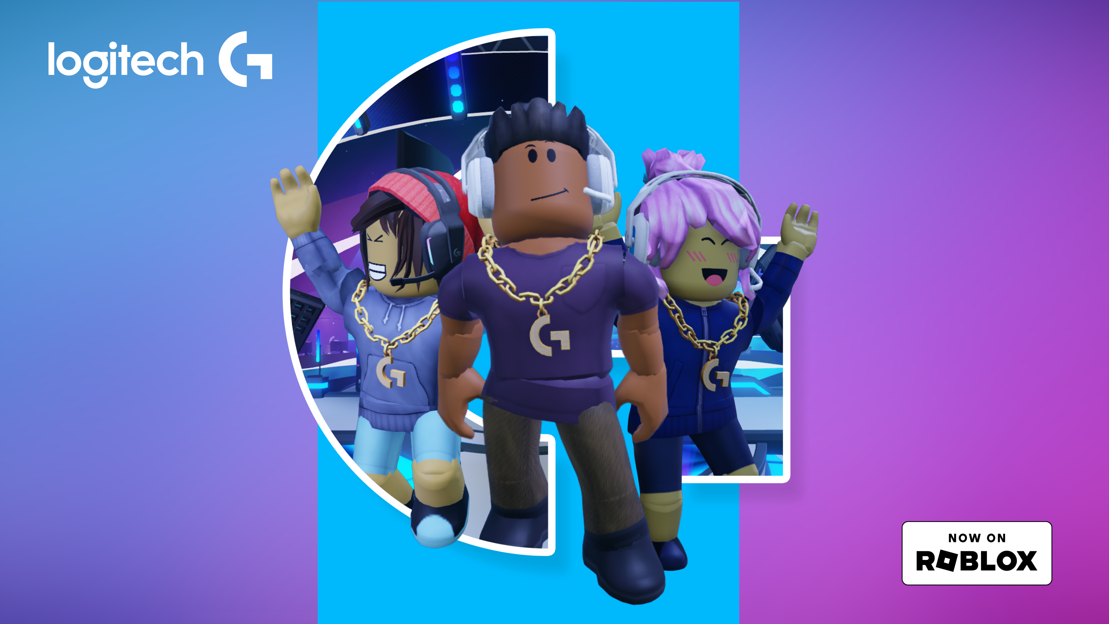 Logitech G Arcade in Roblox, with three avatars wearing G headsets. Now on Roblox.